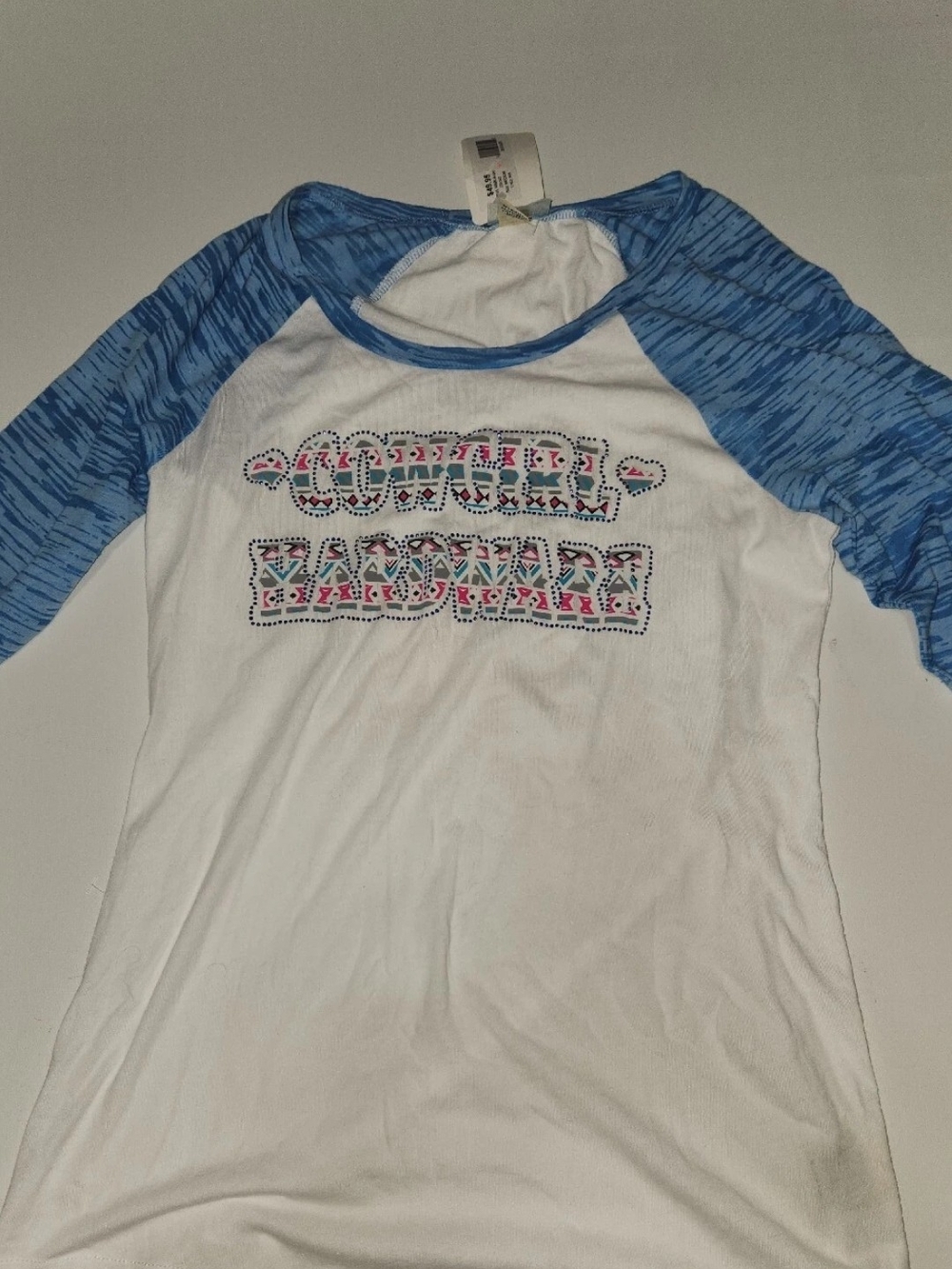 Girls White Raglan Graphic Tee with Blue Sleeves